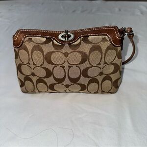 Coach Tan & Brown Signature Canvas Wristlet with Turn-Lock